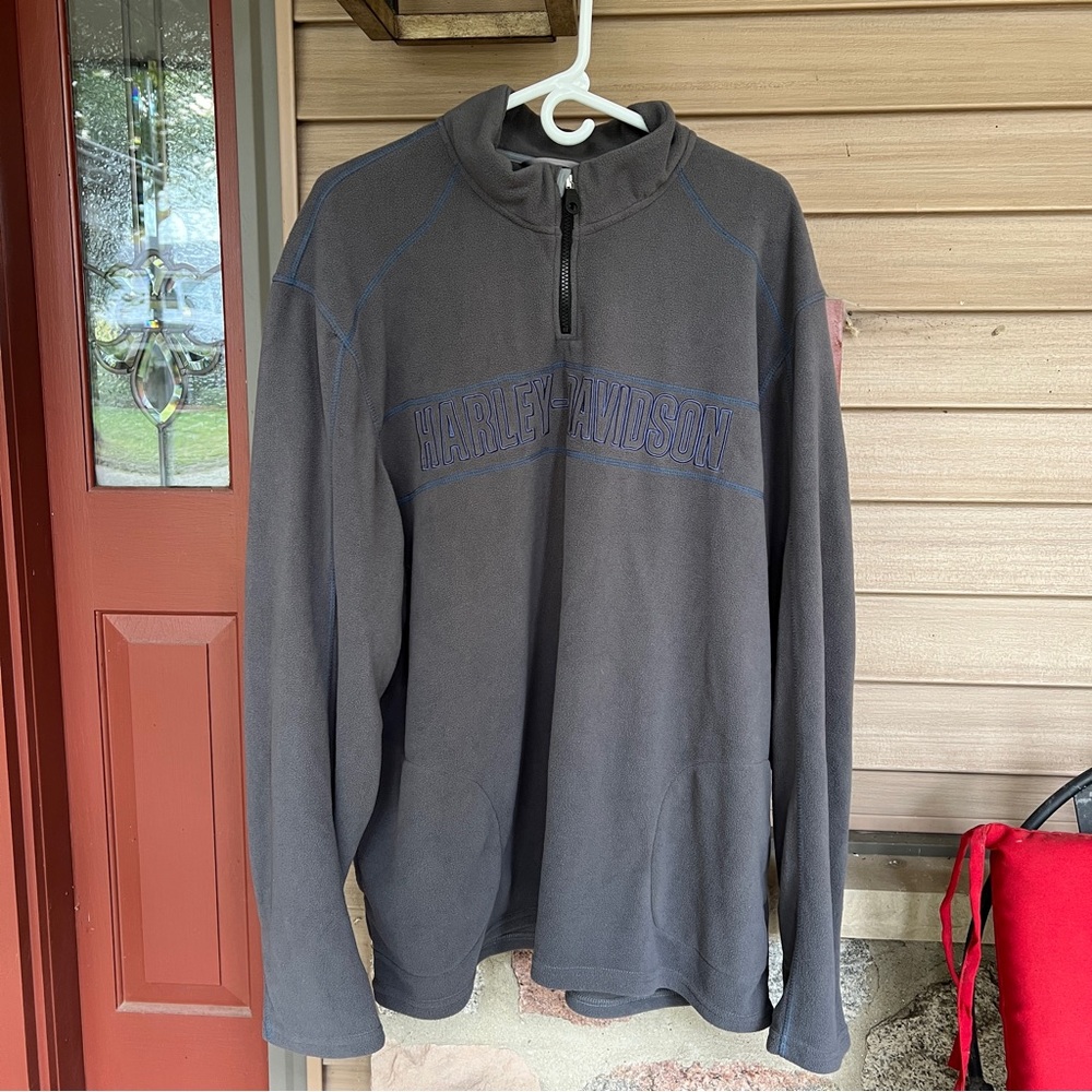 Harley Davidson Quarter Zip Fleece Mock Neck Gray Pullover Blue Embroidery 2XL